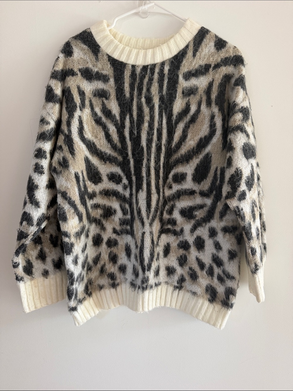 Ivory and Black Animal-Print Crewneck Sweater Express